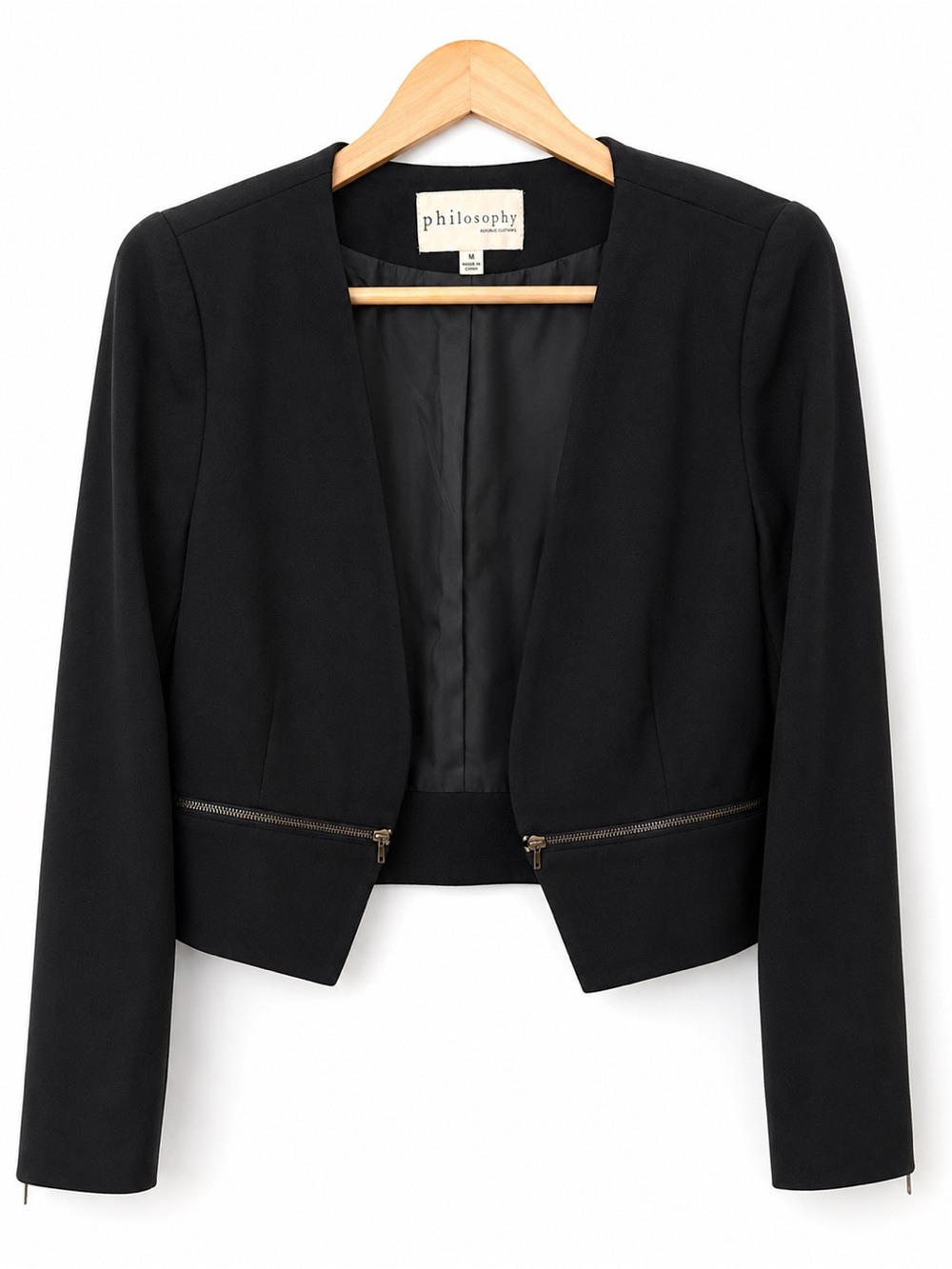 Philosophy Black Cropped Open Blazer with Dual Waist Zippers